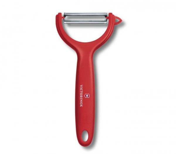 Victorinox Swiss Küchenutensilien, Tomaten- und Kiwischäler, Gemüseschäler, rot, rostfreie Pendelklinge mit Zackenschliff, 7.6079.1