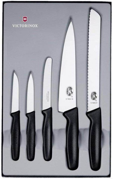 Victorinox Standard Küchengarnitur, 5-teilig, schwarz, Gemüsemesser, Tomaten und Tafelmesser, Tranchiermesser, Brotmesser, 5.1163.5
